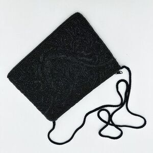 Vintage Hastings & Smith Black Beaded Clutch Purse With Strap 9"x6"x0.5"
